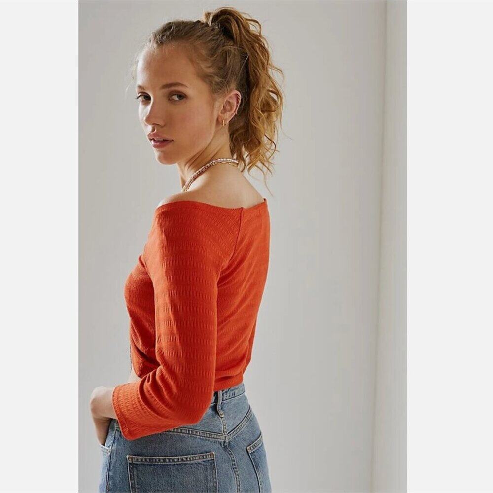 Anthropologie Orange Ribbed Drawstring Crop Top - Picture 3 of 10